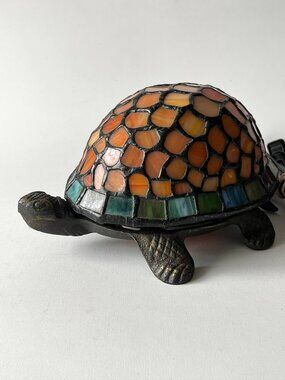 Vintage Tiffany Style Stained Glass Turtle Portable Table Lamp Orange Tortoise